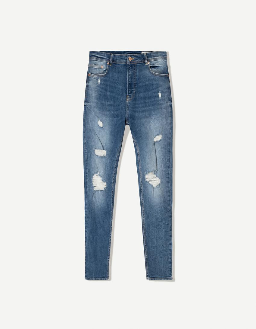 Blugi super skinny fit rupți-Albastru
