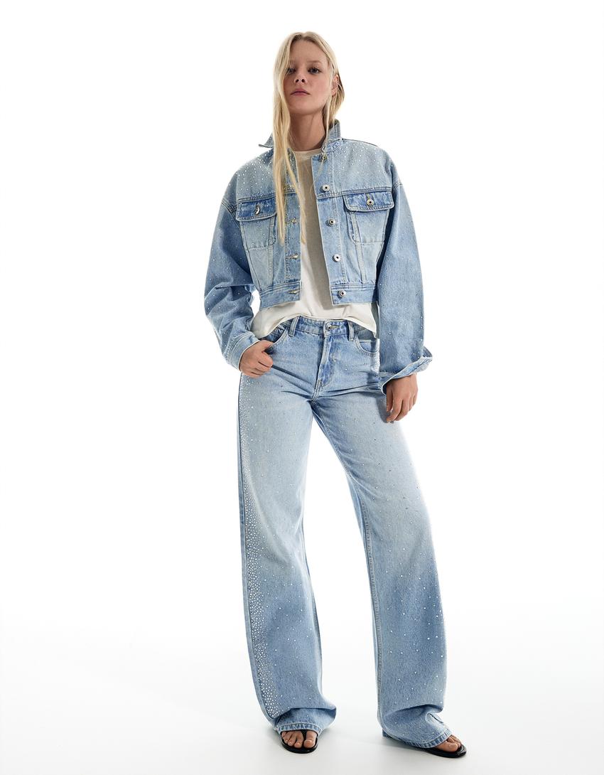 Shimmery cropped denim jacket-Light blue