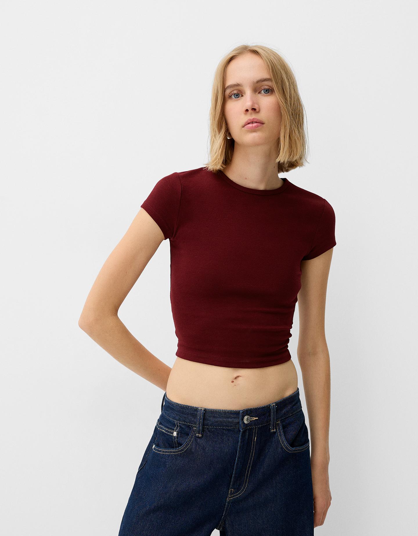 Bershka Camiseta Manga Corta Cuello Redondo Mujer M Rojo