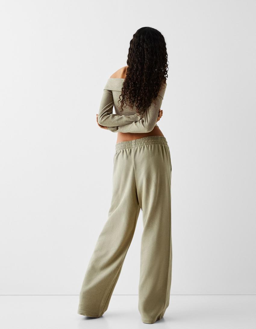 بنطلون من نسيج البلش بساق عريضة-كاكي-2