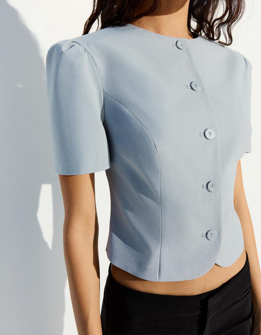 Puff sleeve short sleeve blazer-Grey