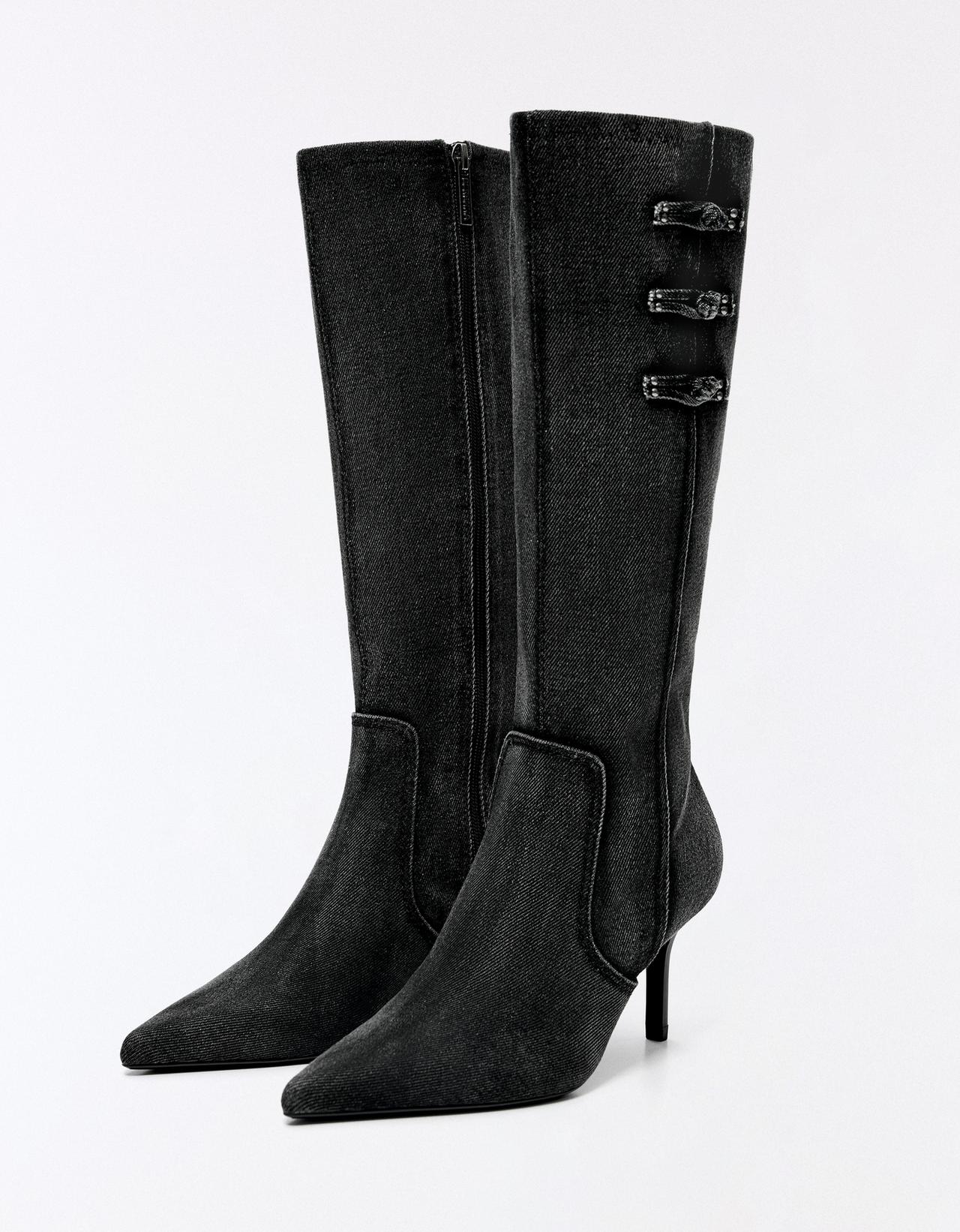 DENIM CLASP HEEL BOOTS — Grey