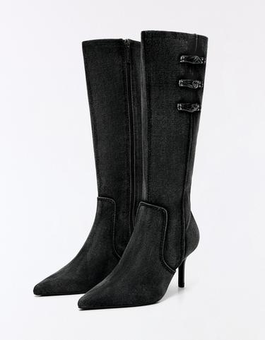 DENIM CLASP HEEL BOOTS — Grey 3