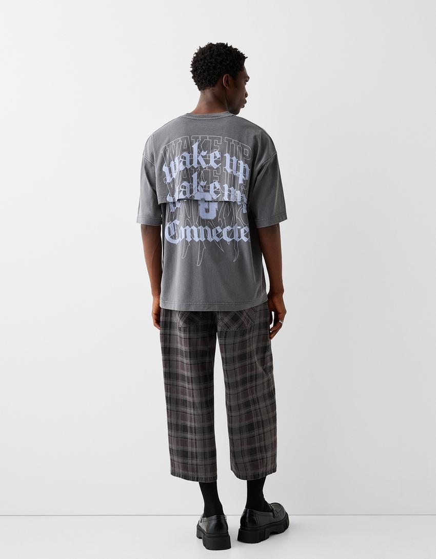 T-shirt manches courtes boxy fit effet délavé imprimé-Gris-1