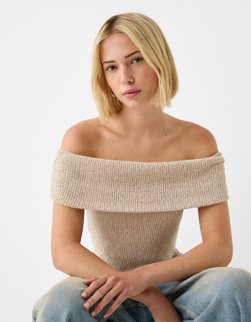 Parıltılı iplikli açık omuzlu triko top-Kum rengi-2