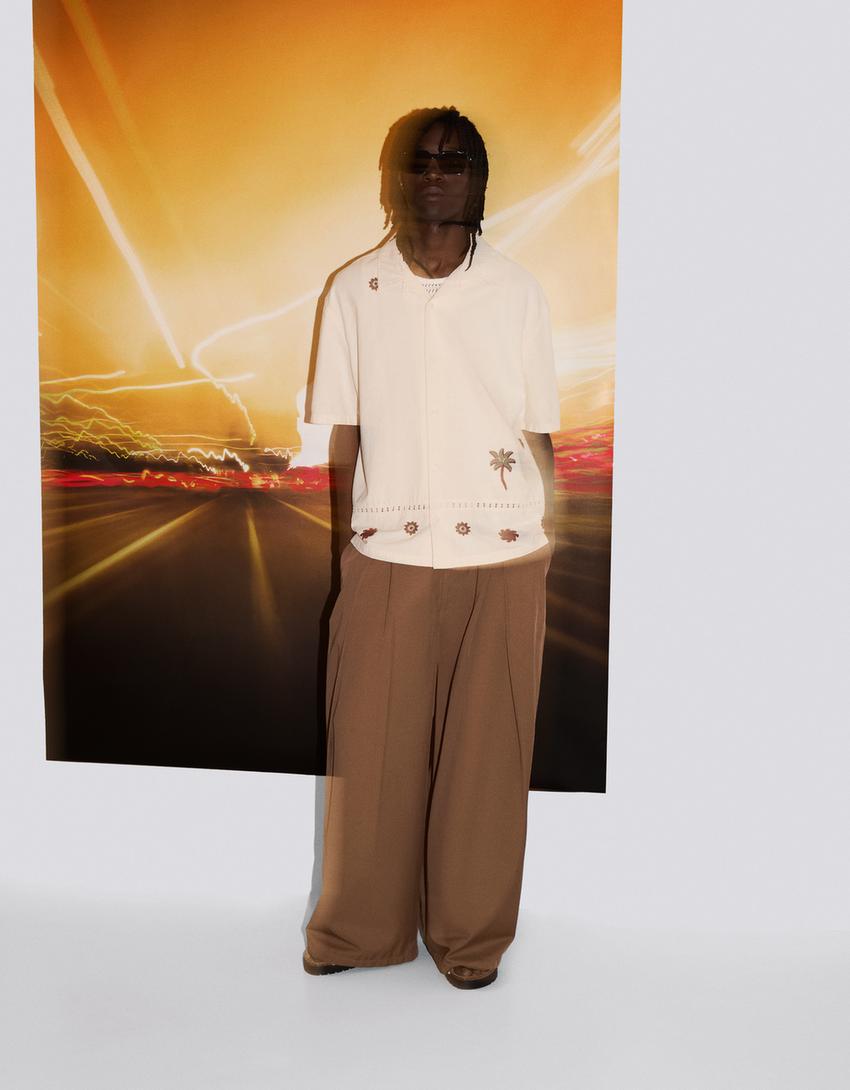 Chemise à manches courtes broderies-Sable-3