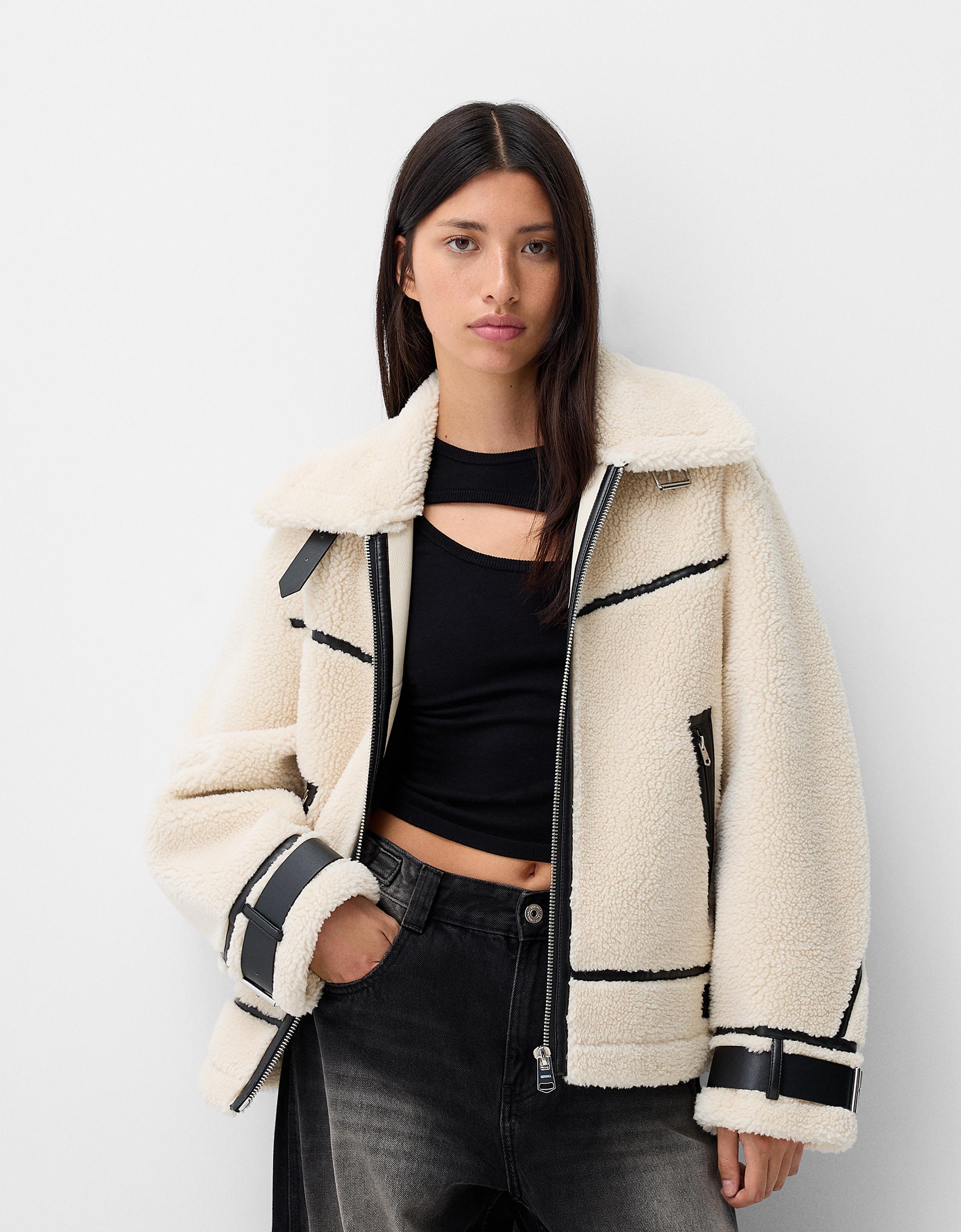 Bershka oversized faux shearling jacket hotsell