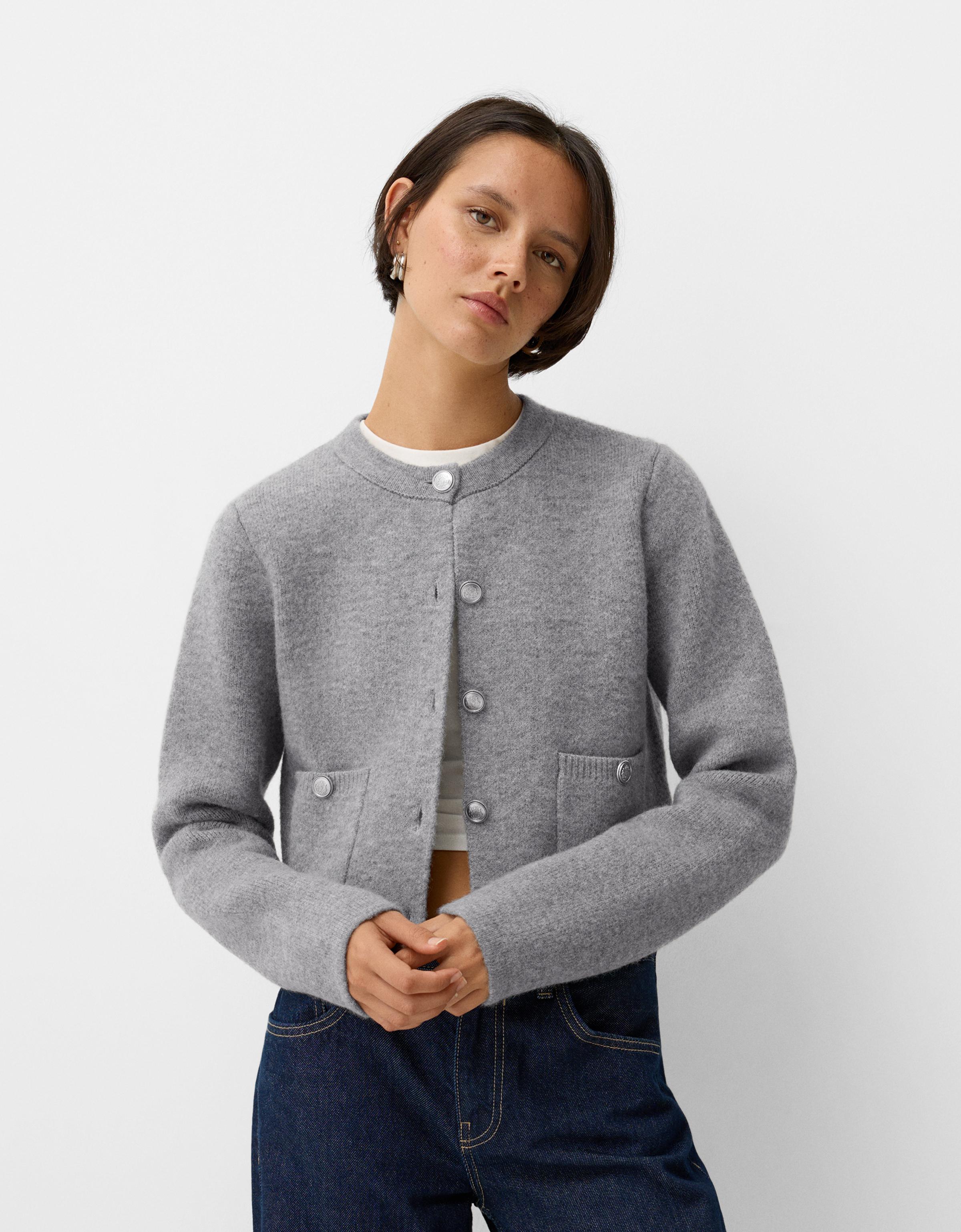 Bershka Cardigan Mit Silberfarbenen Knöpfen Damen Xs Grau