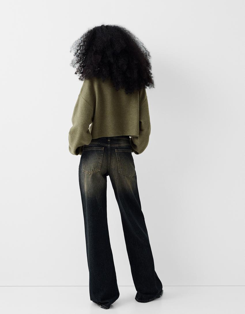 Cropped sweater with a high neck-Khaki-1