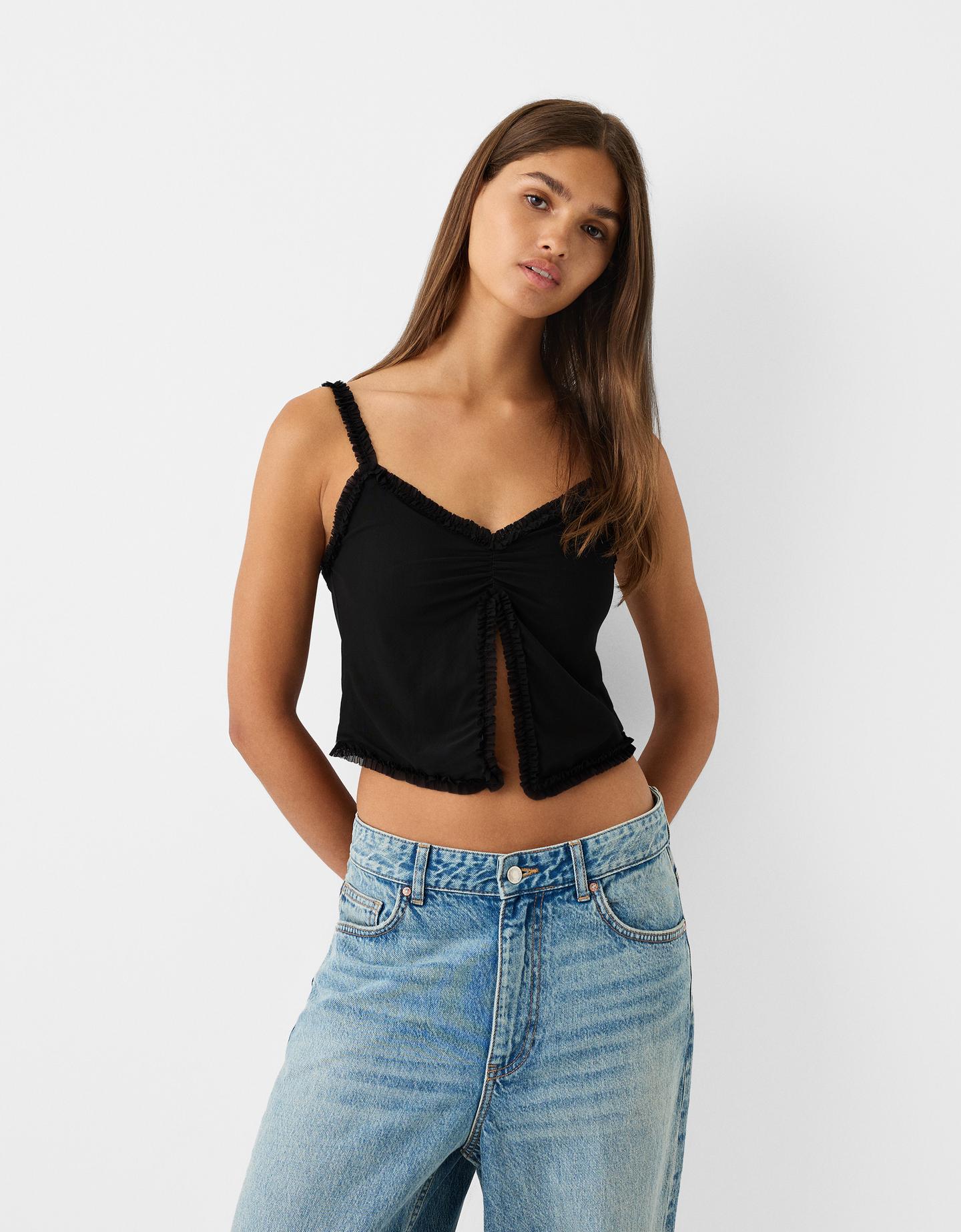 Bershka Top Con Spalline In Tulle Donna S Nero