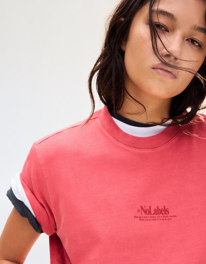 Short sleeve roll-up print T-shirt-Red