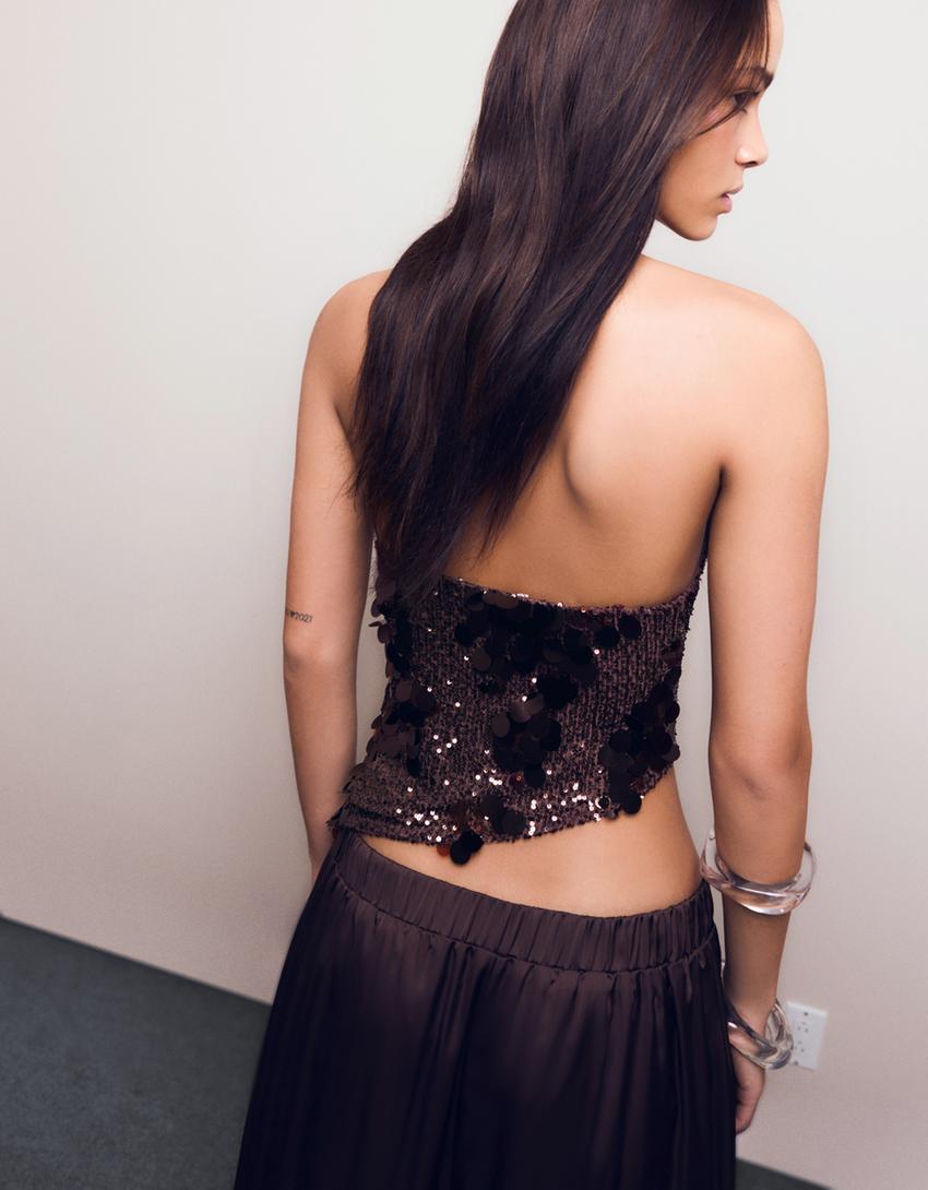 Asymmetric sequin strappy top-Brown