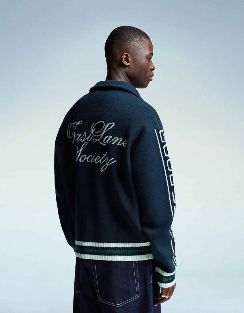 Embroidered zip-up jacket-Blue-1