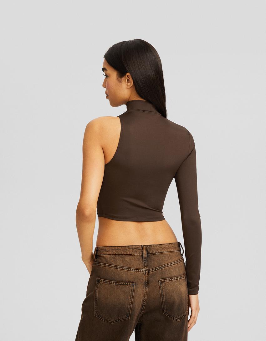 تيشرت بزمة غير متماثل وبأكمام طويلة-بني-1