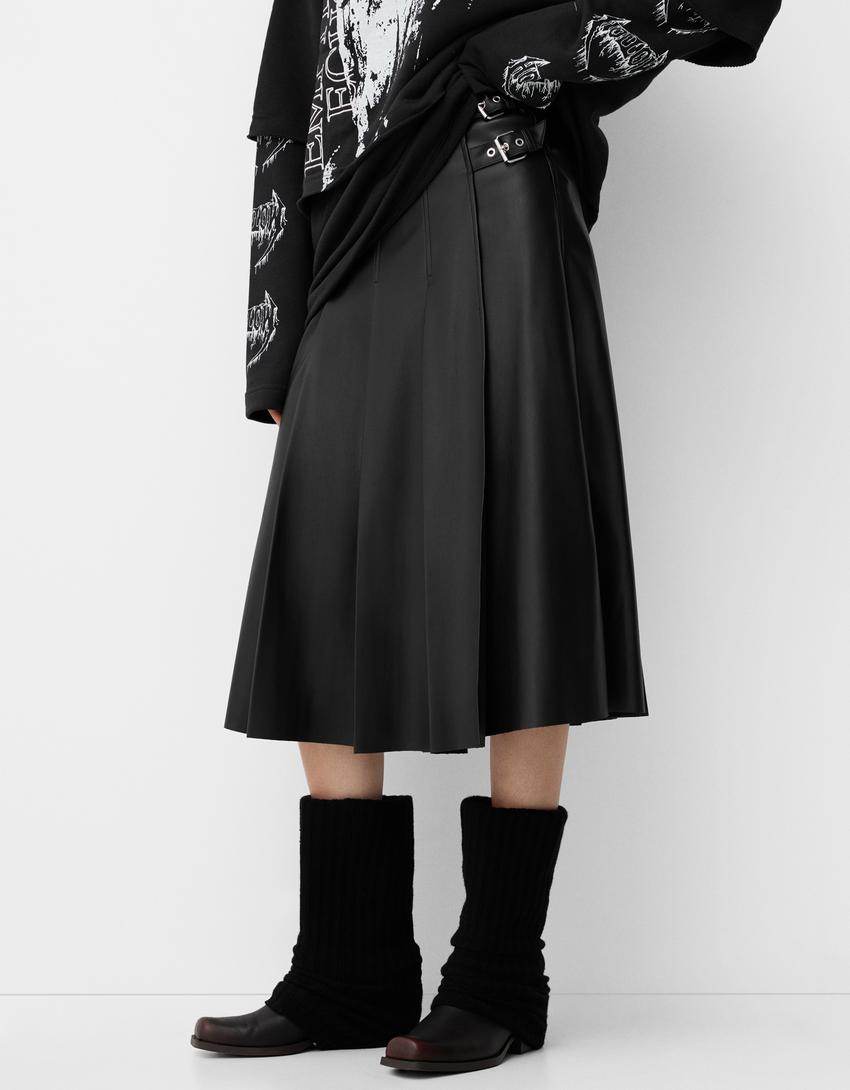 Piel Negra Falda Pareo Midi Efecto Piel Stradivarius Falda