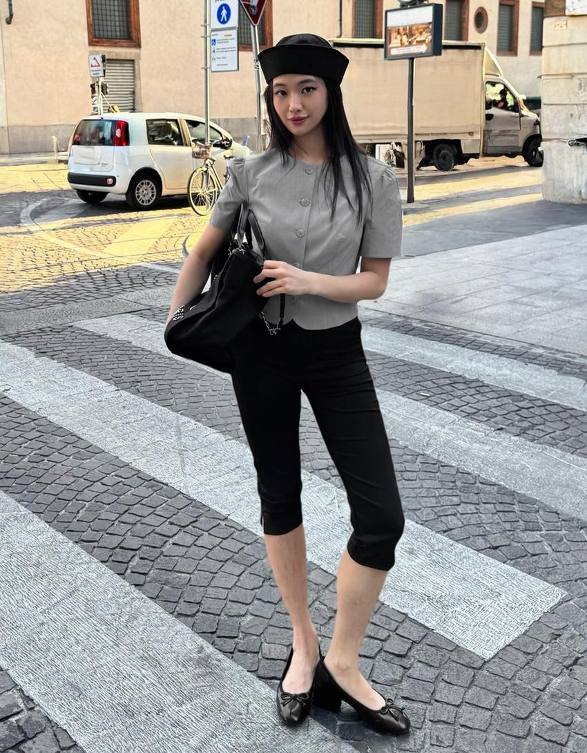 Puff sleeve short sleeve blazer-Grey