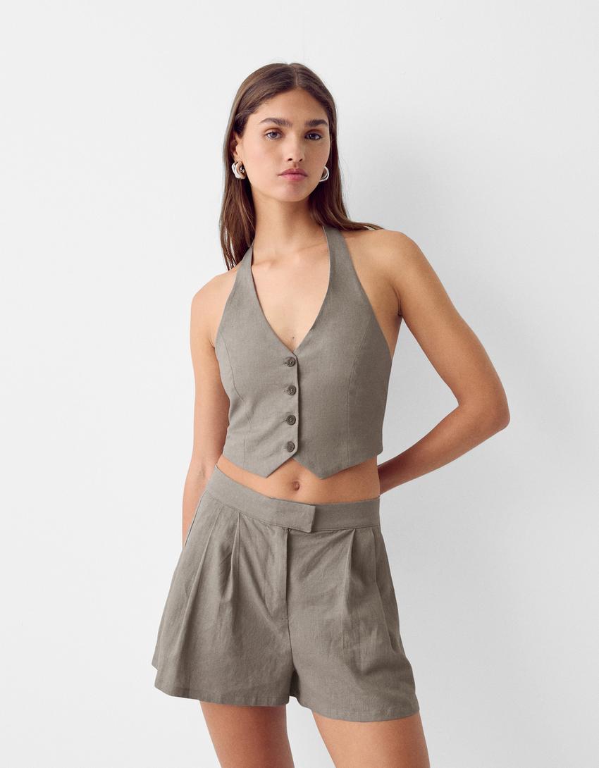 Darted Bermuda shorts with linen-Khaki