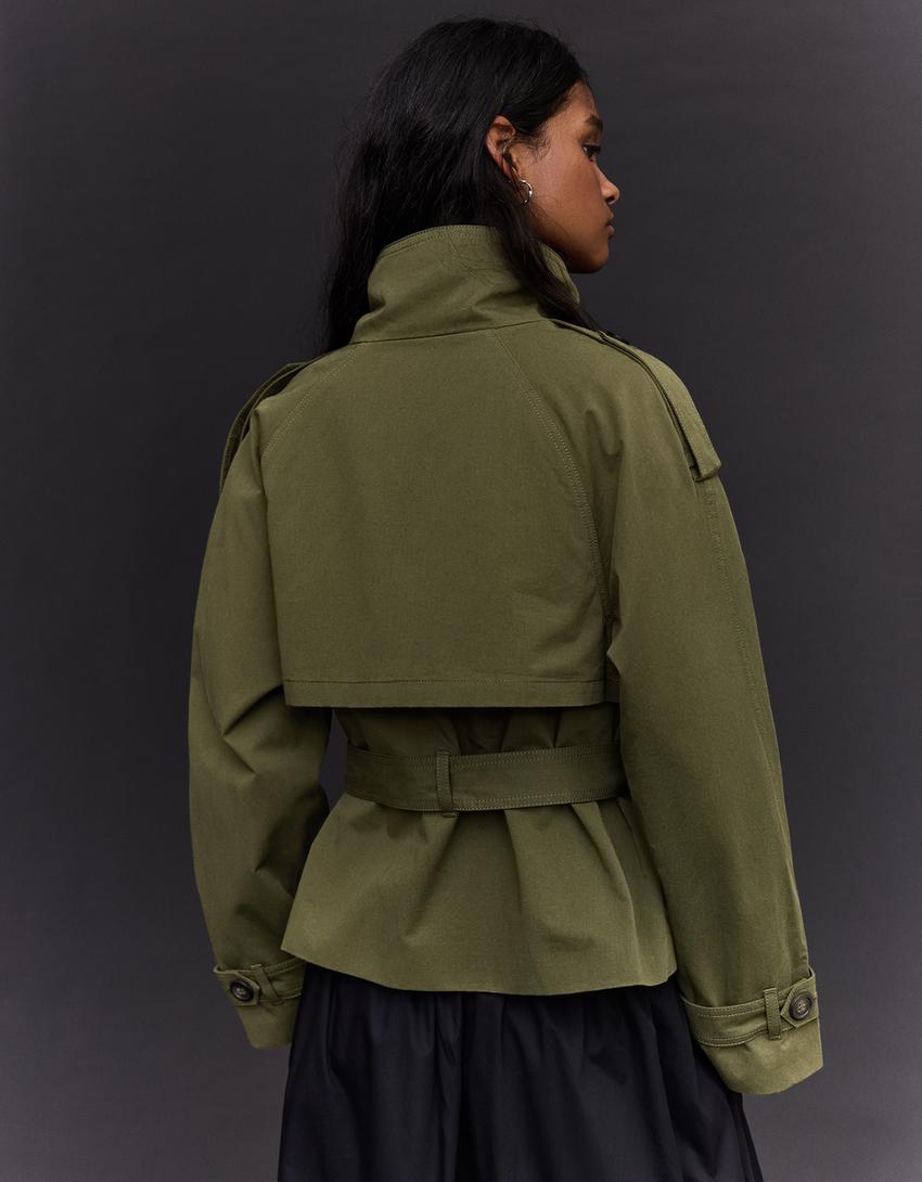 Funnel neck trench jacket-Khaki