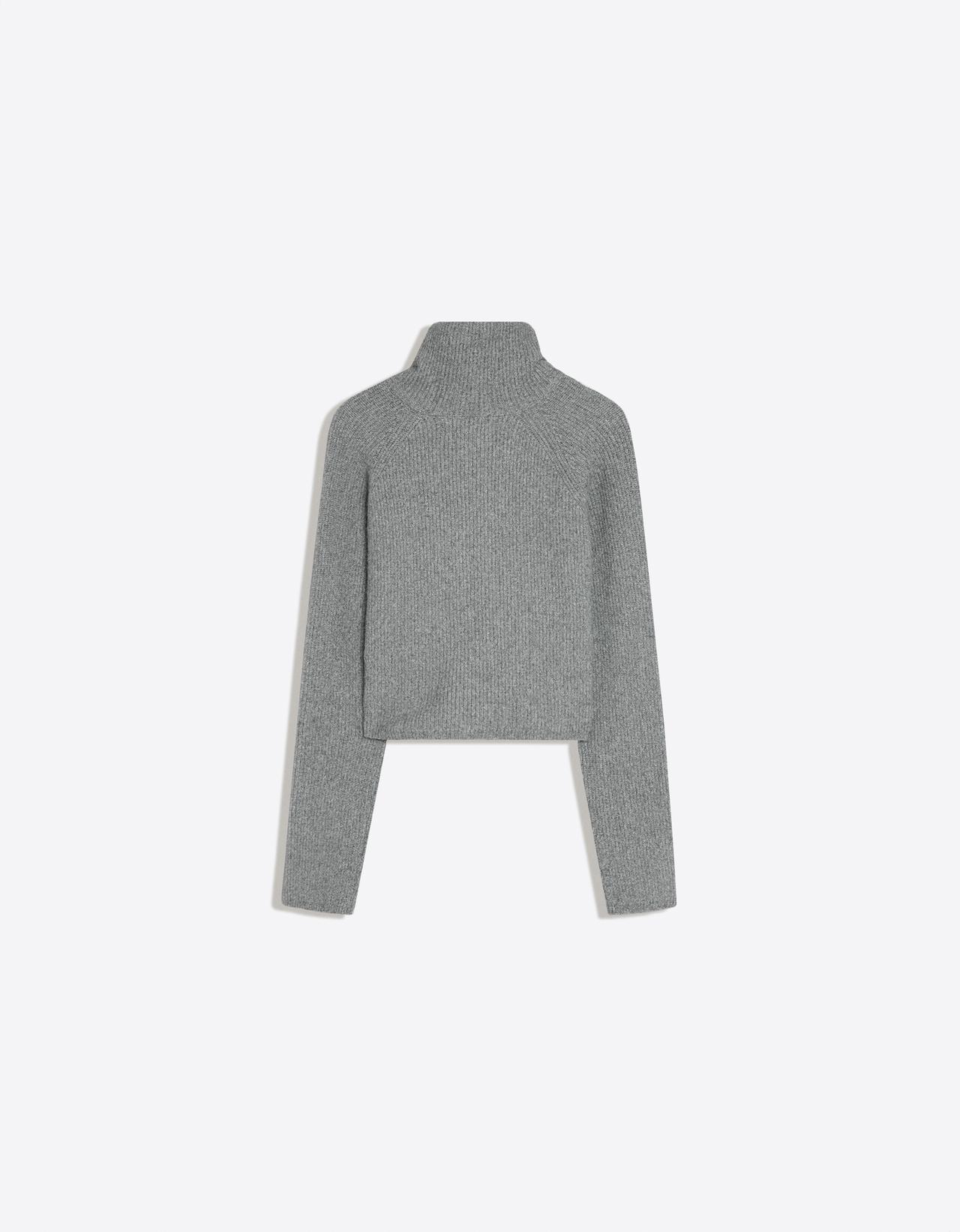 Ribbed high neck zip-up cardigan — Grey