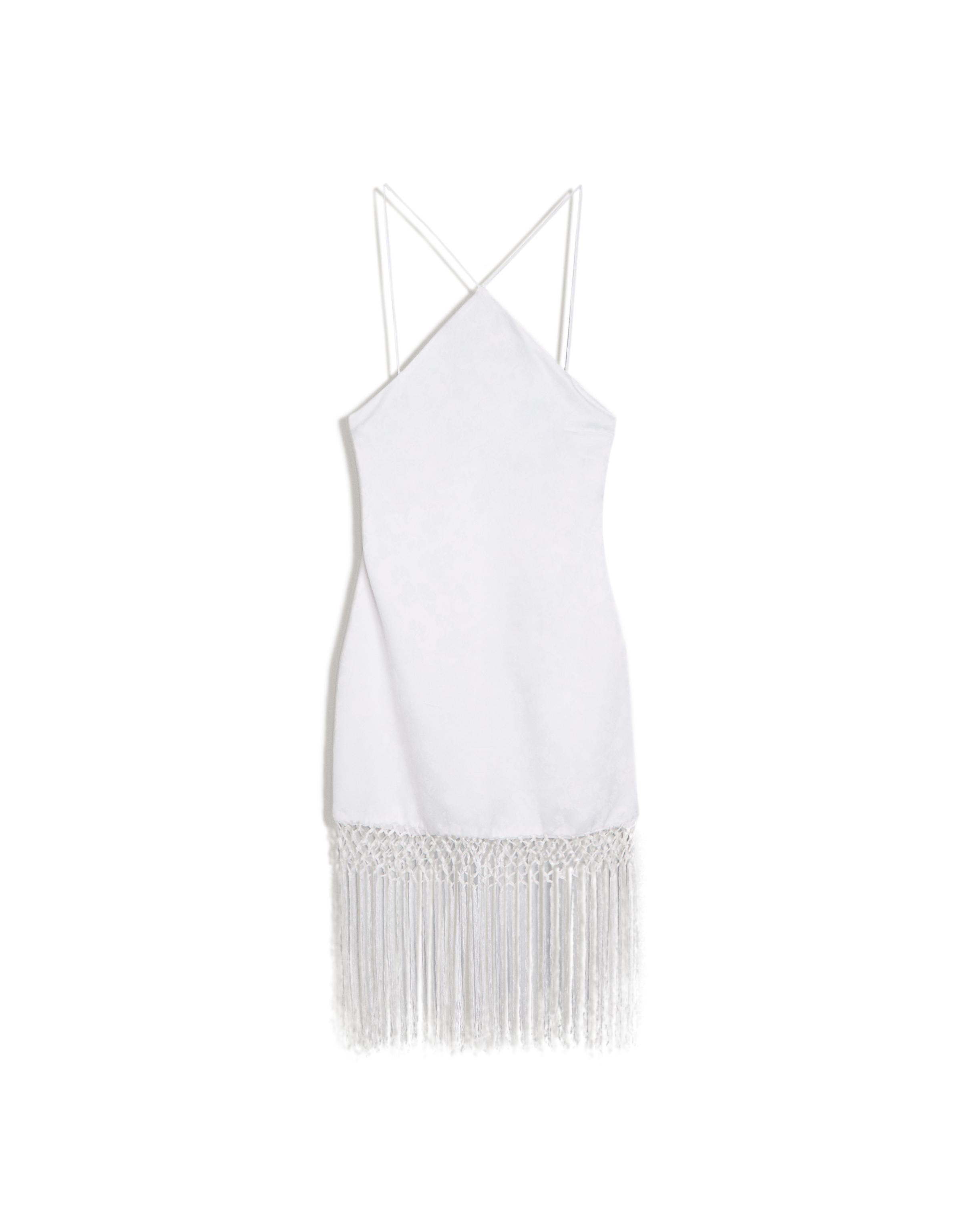 Halter neck jacquard mini dress with fringing — White