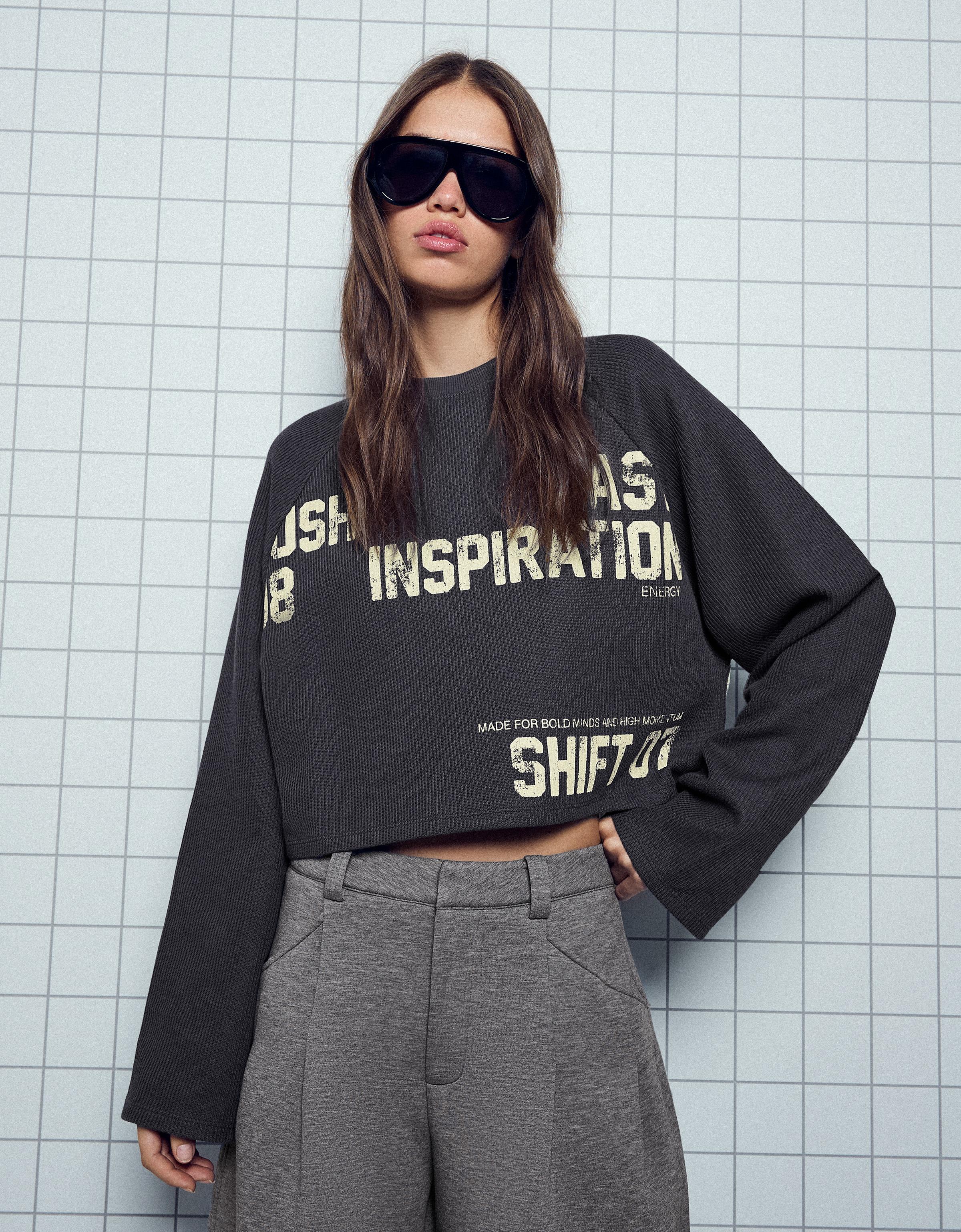 Bershka Bisiklet yaka baskılı sweatshirt görsel 3