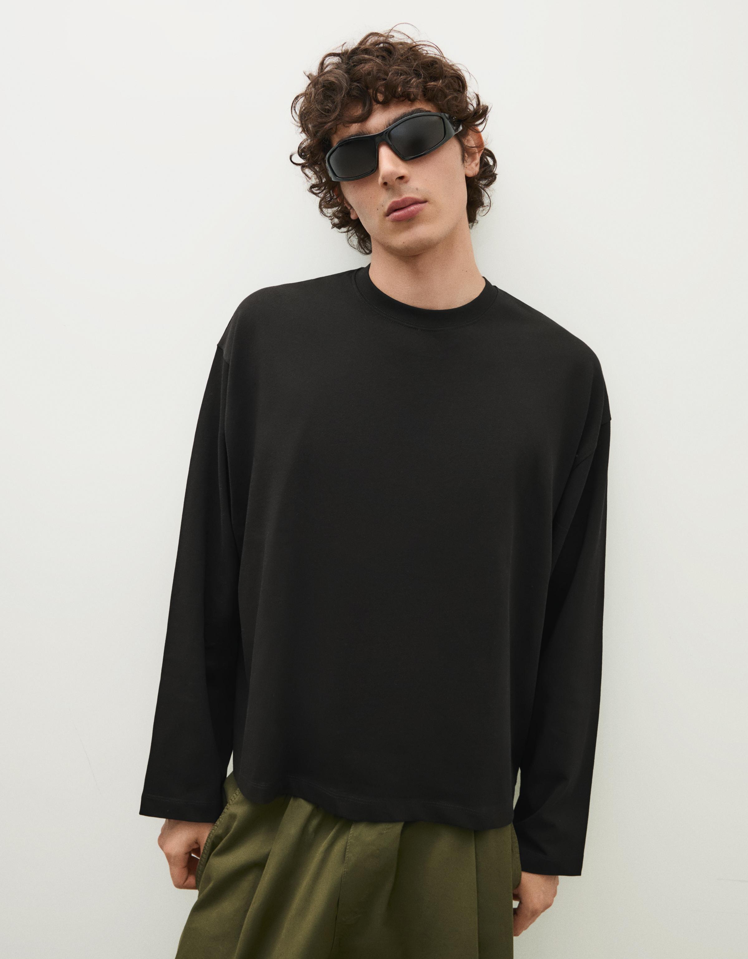 Bershka Camiseta Manga Larga Boxy Hombre L Negro