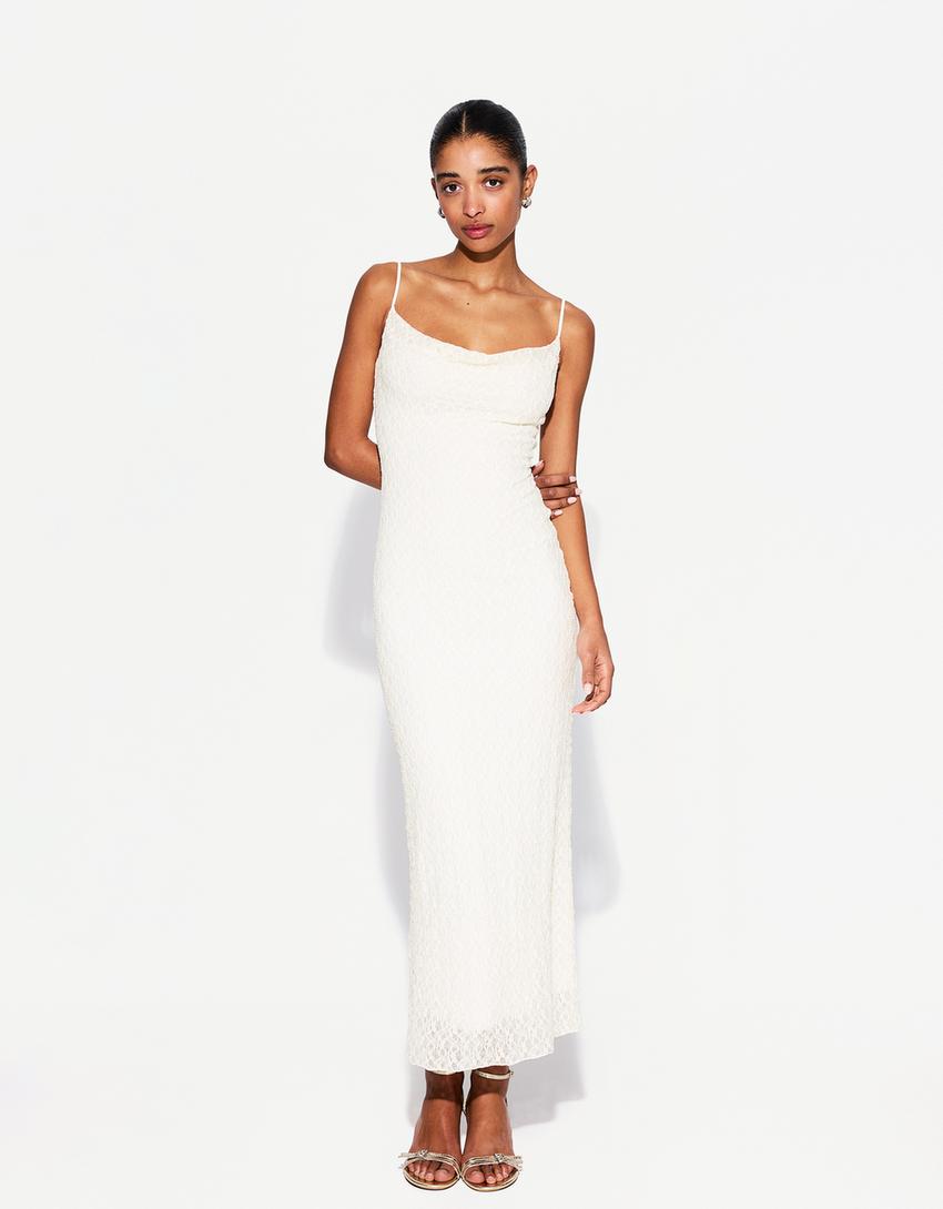 Vestido midi blonda encaje-Blanco roto