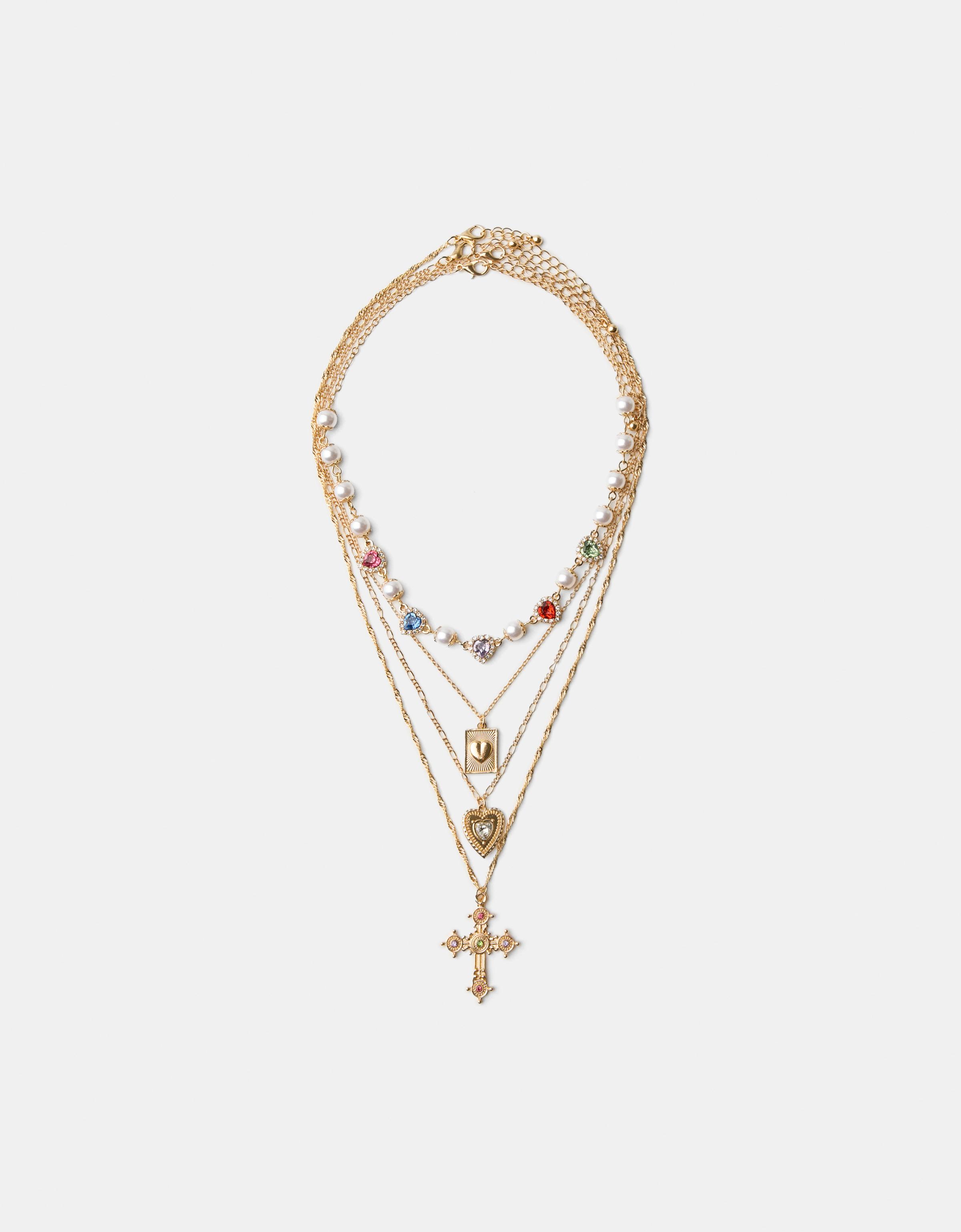 Bershka 4er-Pack Halsketten Aus Strass Und Kreuz Damen Gold