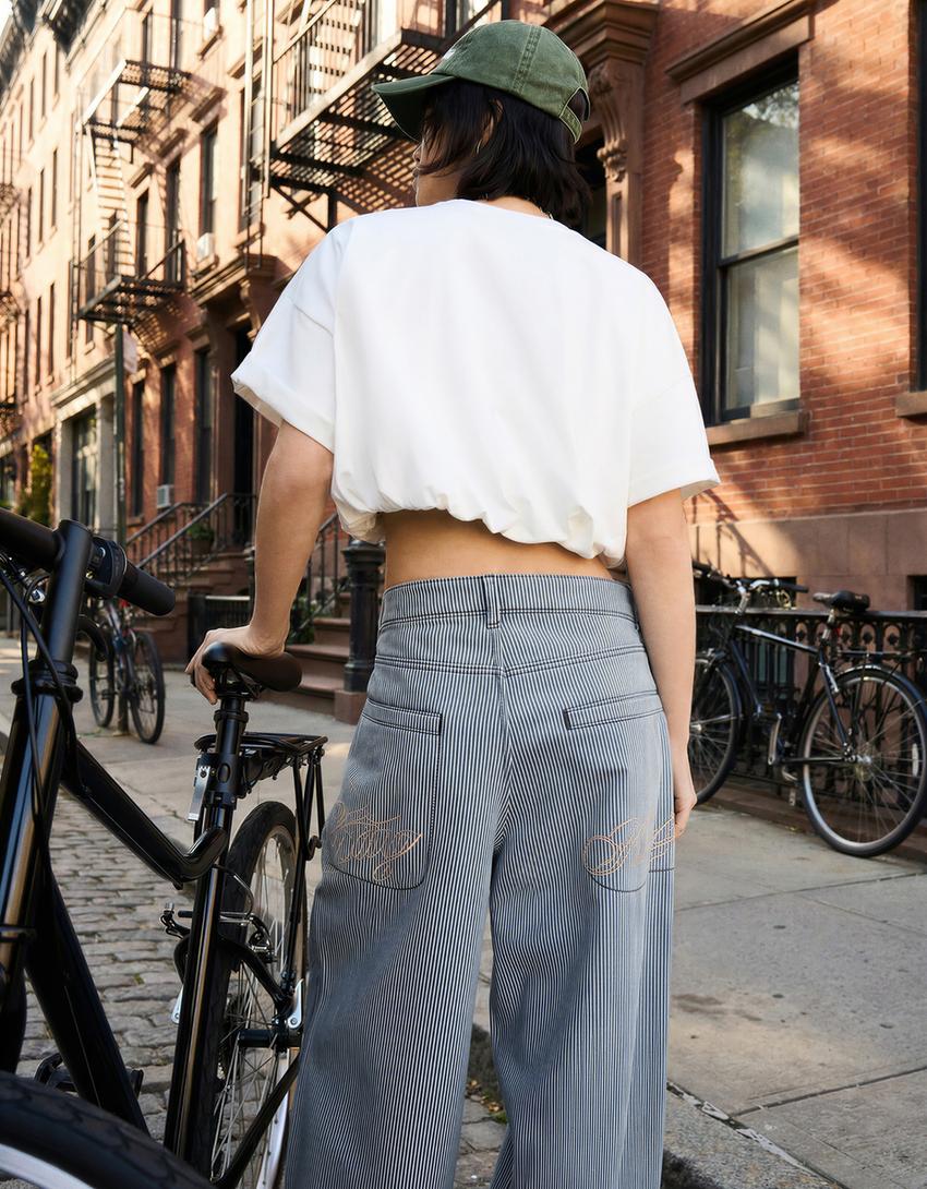 Striped super wide-leg low-rise jeans-Blue