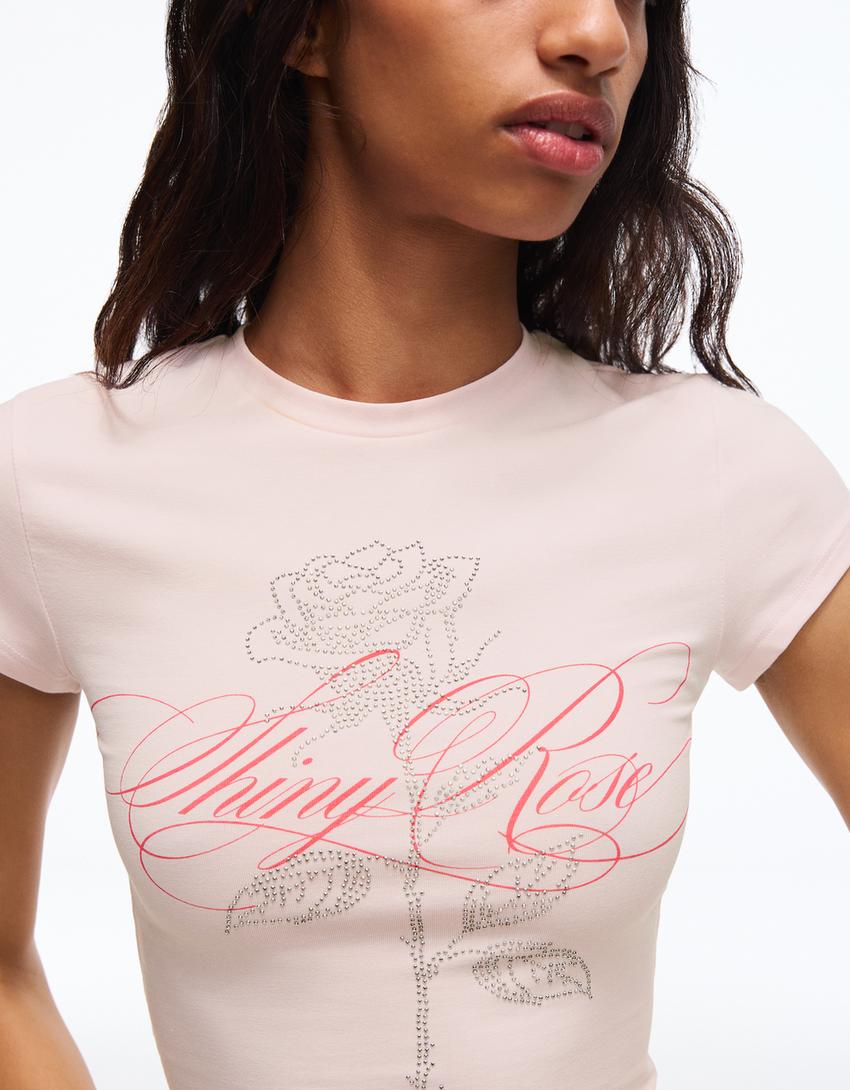Tricou mânecă scurtă strasuri-Roz