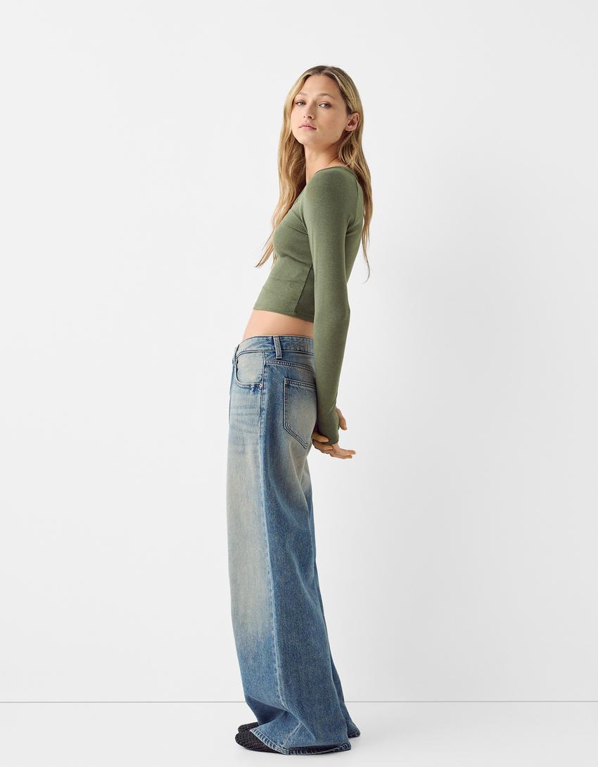 Top manches longues col en V-Kaki-3