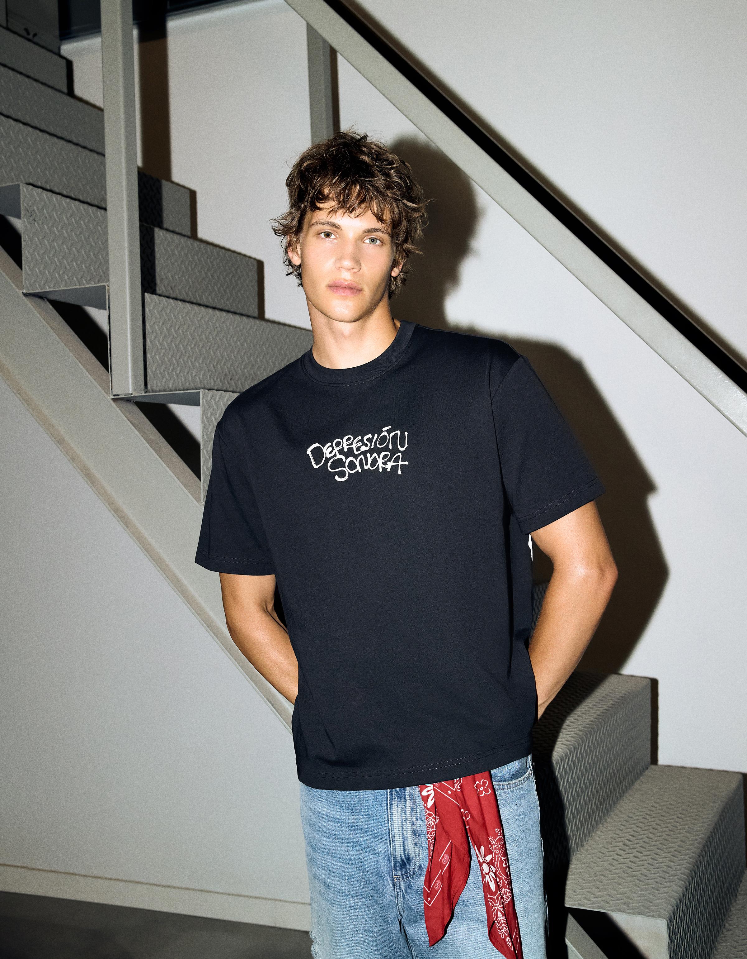 Bershka Camiseta Manga Corta Print Depresion Sonora Hombre Marino