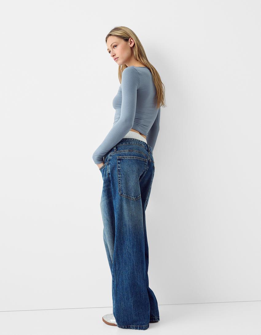 Top manches longues col bateau coutures-Bleu lavé-1