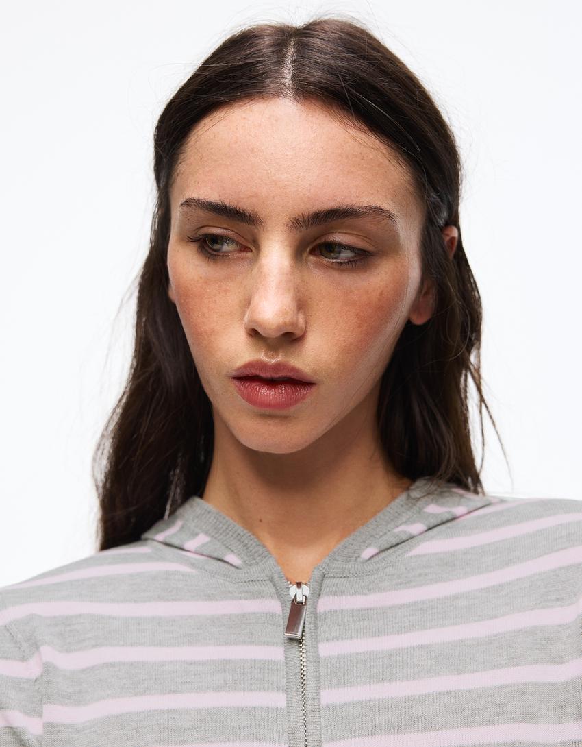 Zip-up striped hoodie-Pink
