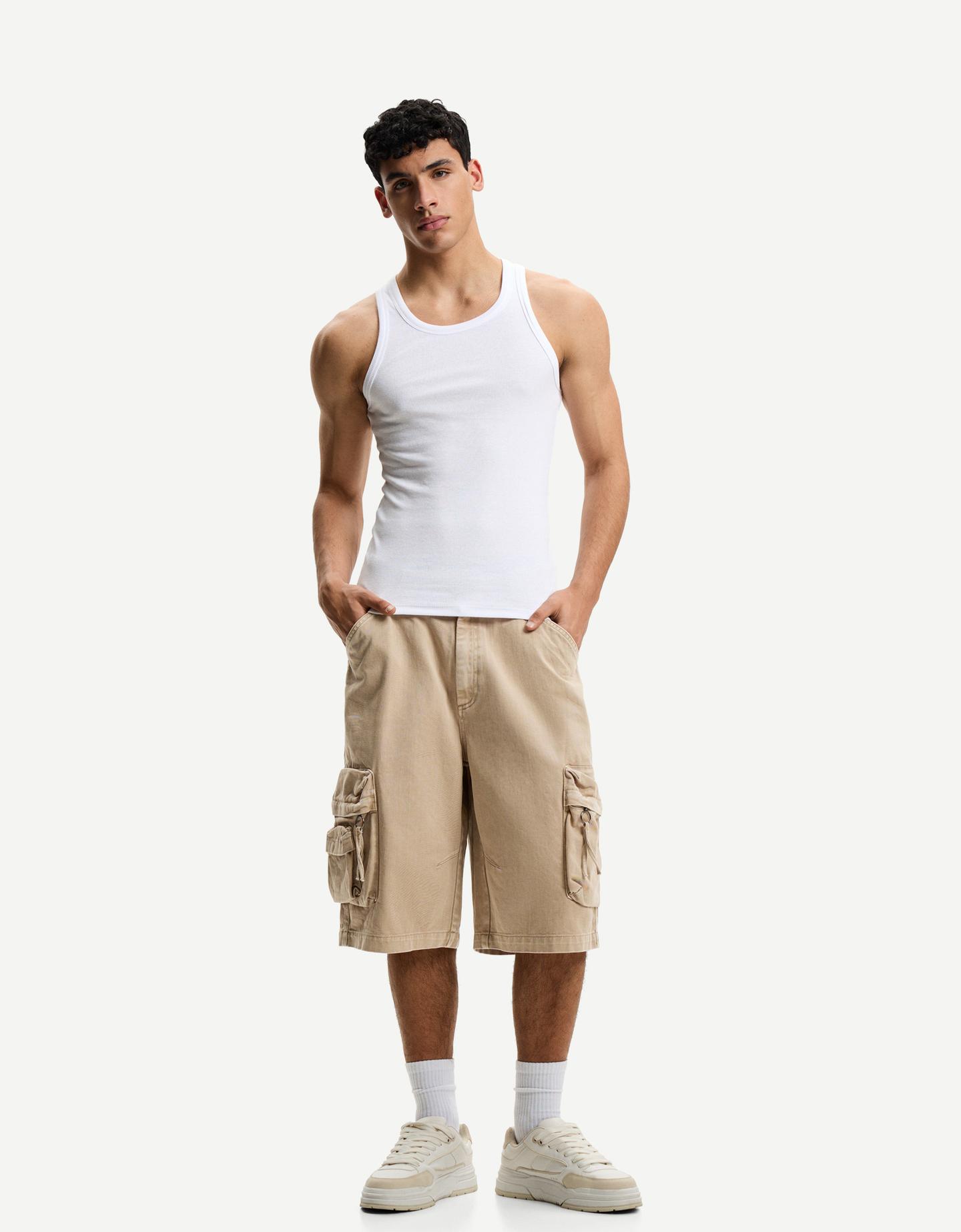 Bershka Bermuda Baggy Cargo Uomo 52 (Eu 46) Sabbia