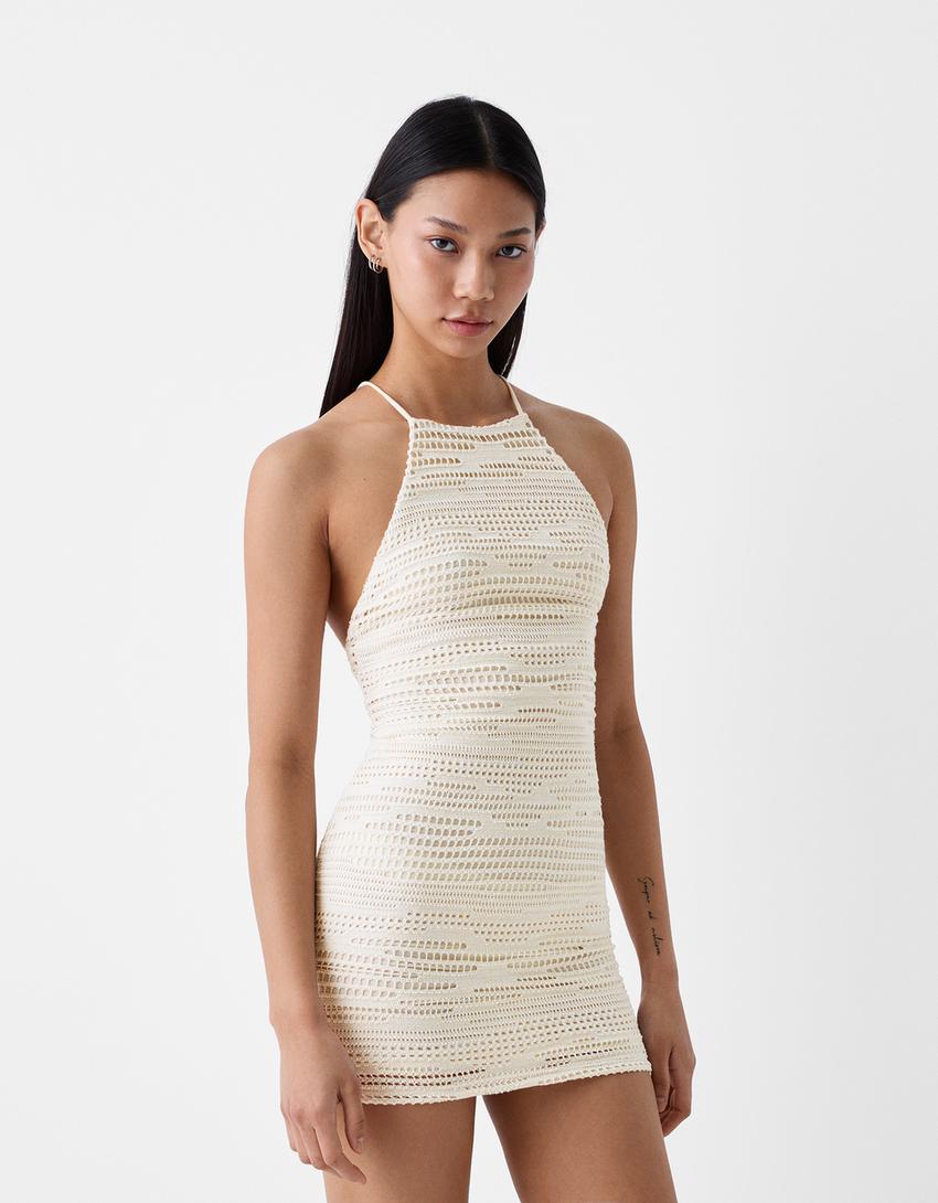 Mini-robe encolure américaine rustique-Écru-1