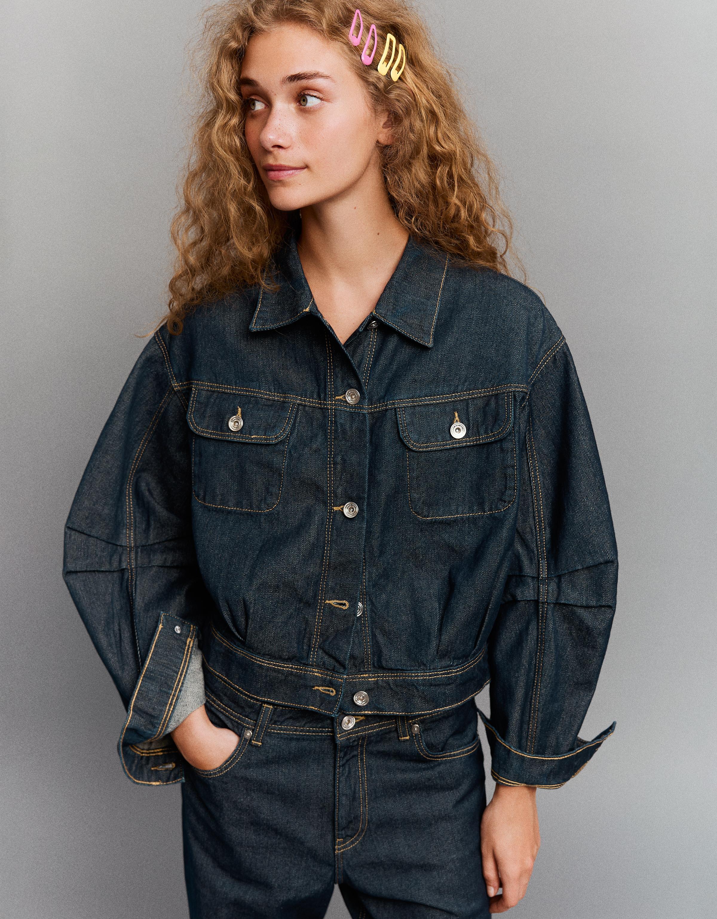 Cropped balloon denim jacket — Navy
