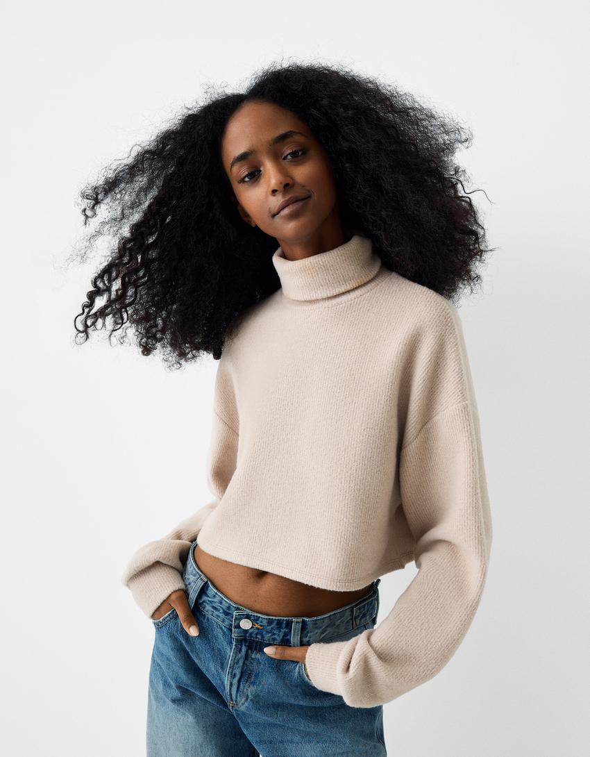 Cropped sweater with a high neck-Sand-0