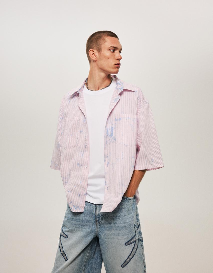 Striped oversize bleached shirt with short sleeves-Pink-3