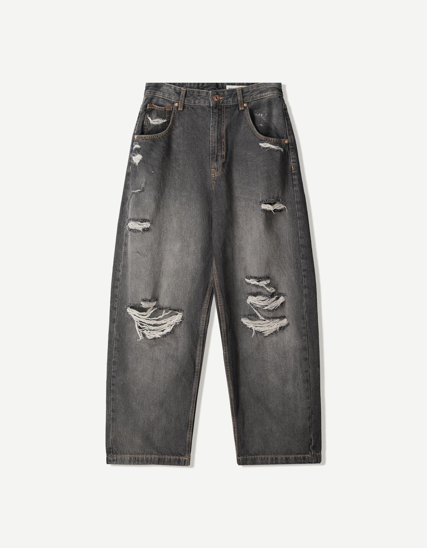 Bershka Jeans Super Baggy Rotos Hombre 46 Gris Oscuro