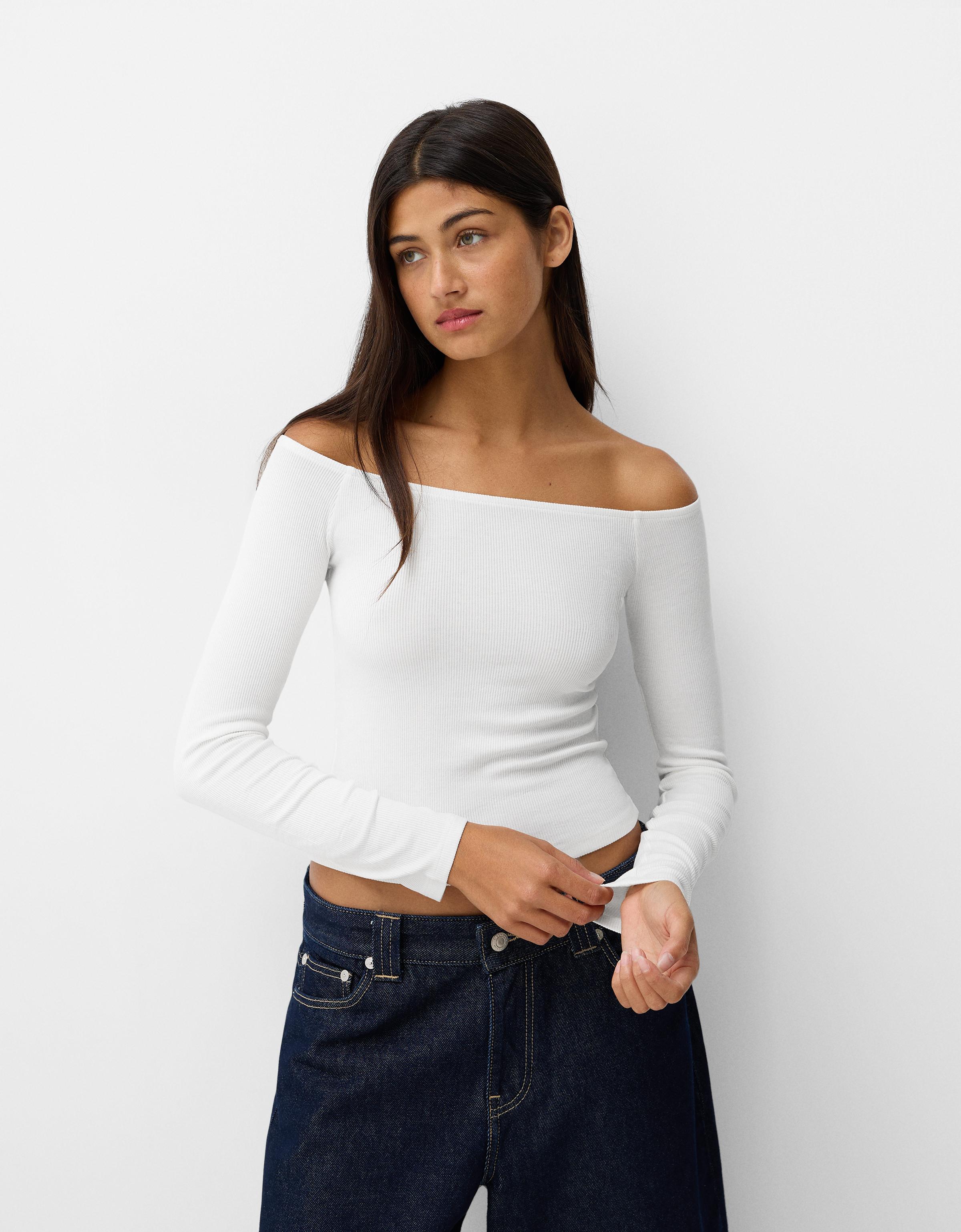 Bershka Shirt Mit Langen Ärmeln Und Carmen-Ausschnitt Damen L Grbrochenes Weiss