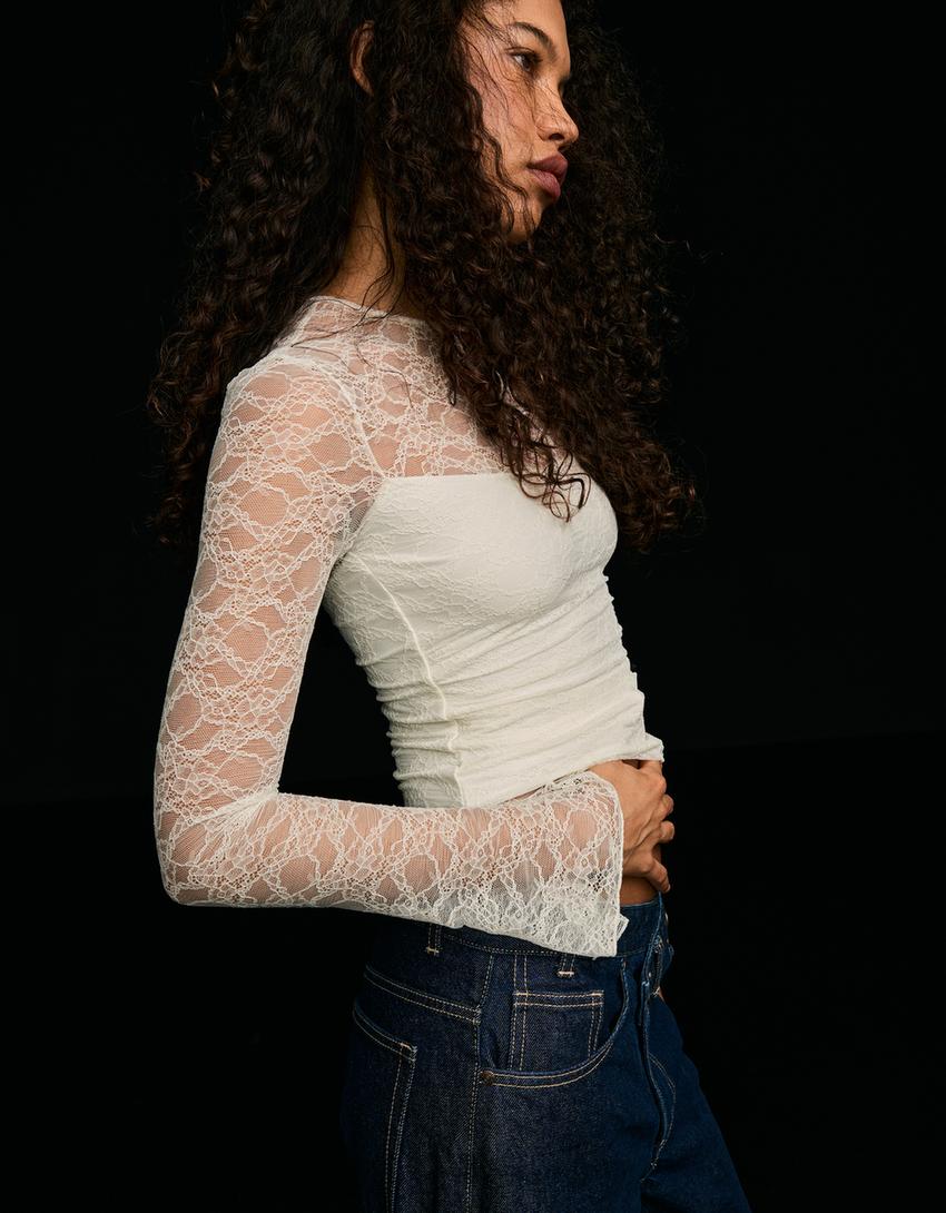 Langarmshirt mit Spitze-Rohweiß