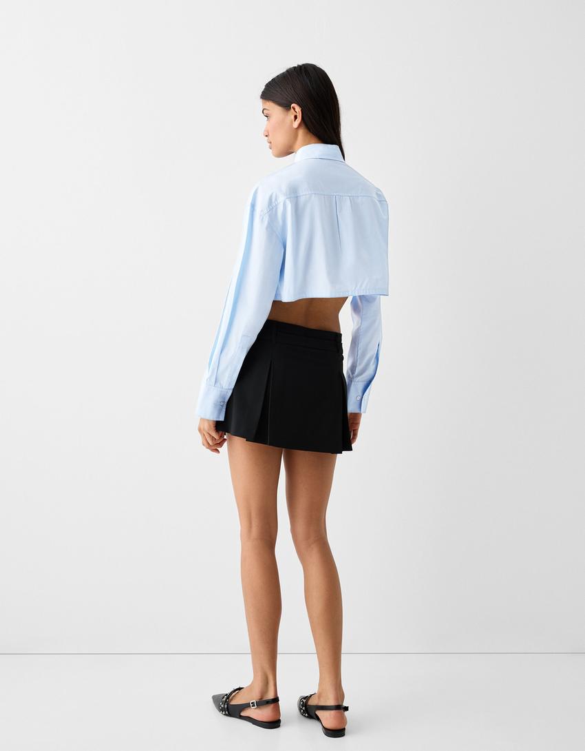 Long sleeve cropped poplin shirt with straps-Light blue