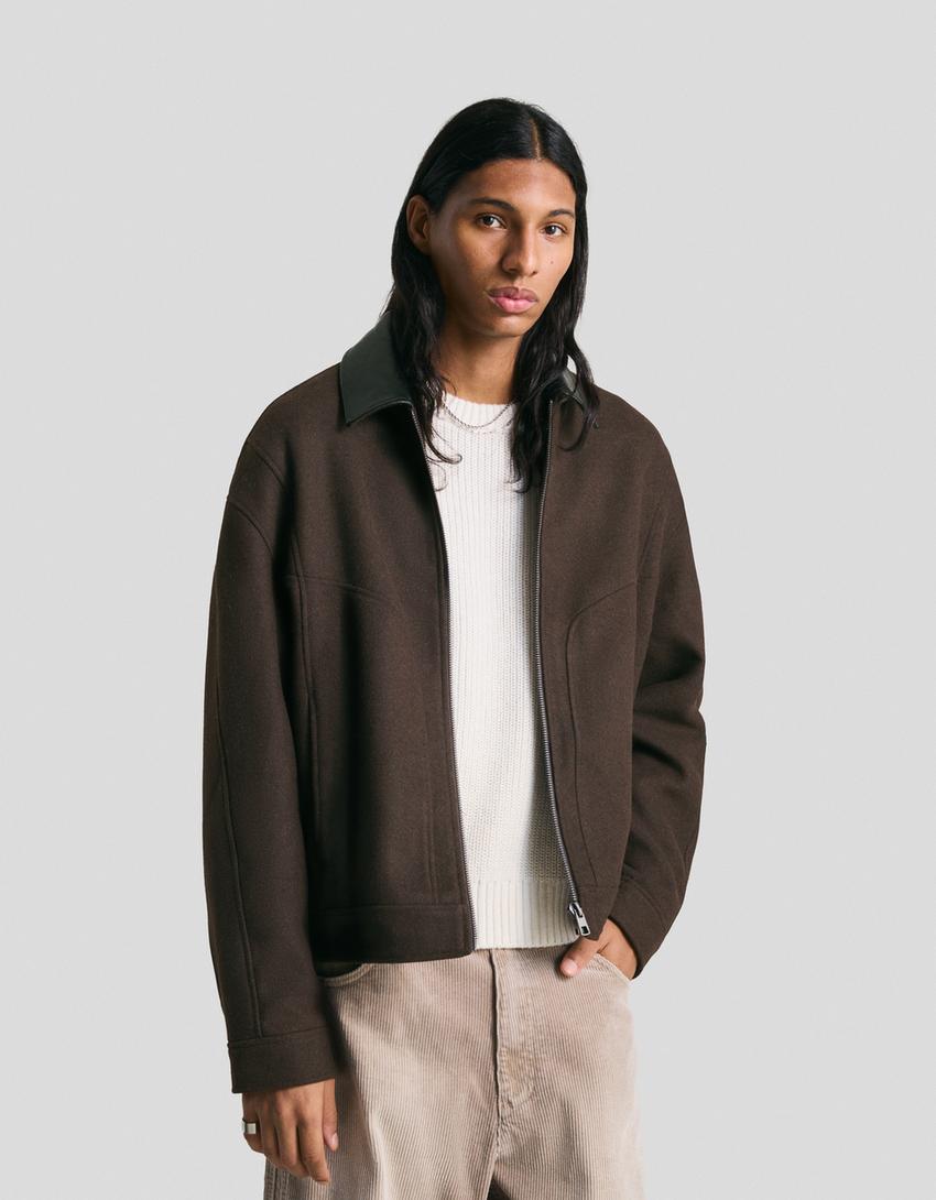 Synthetic wool jacket with contrast collar-Brown