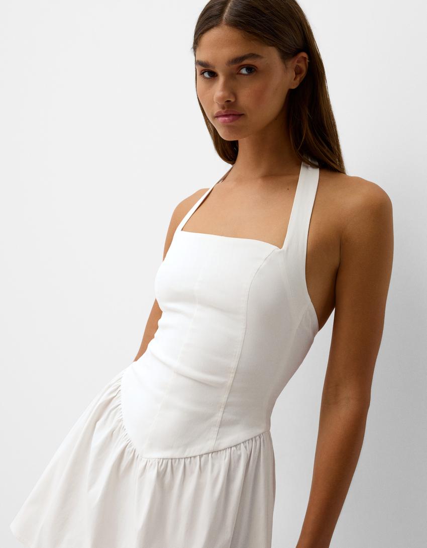 Volanlı bengalin mini elbise-Kirli beyaz-3