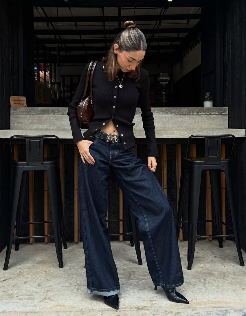 Jeans wide leg taille basse-Marine