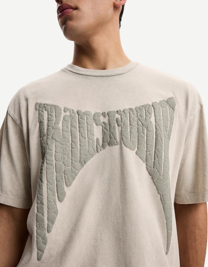 Tricou mânecă scurtă oversize print-Gri-2