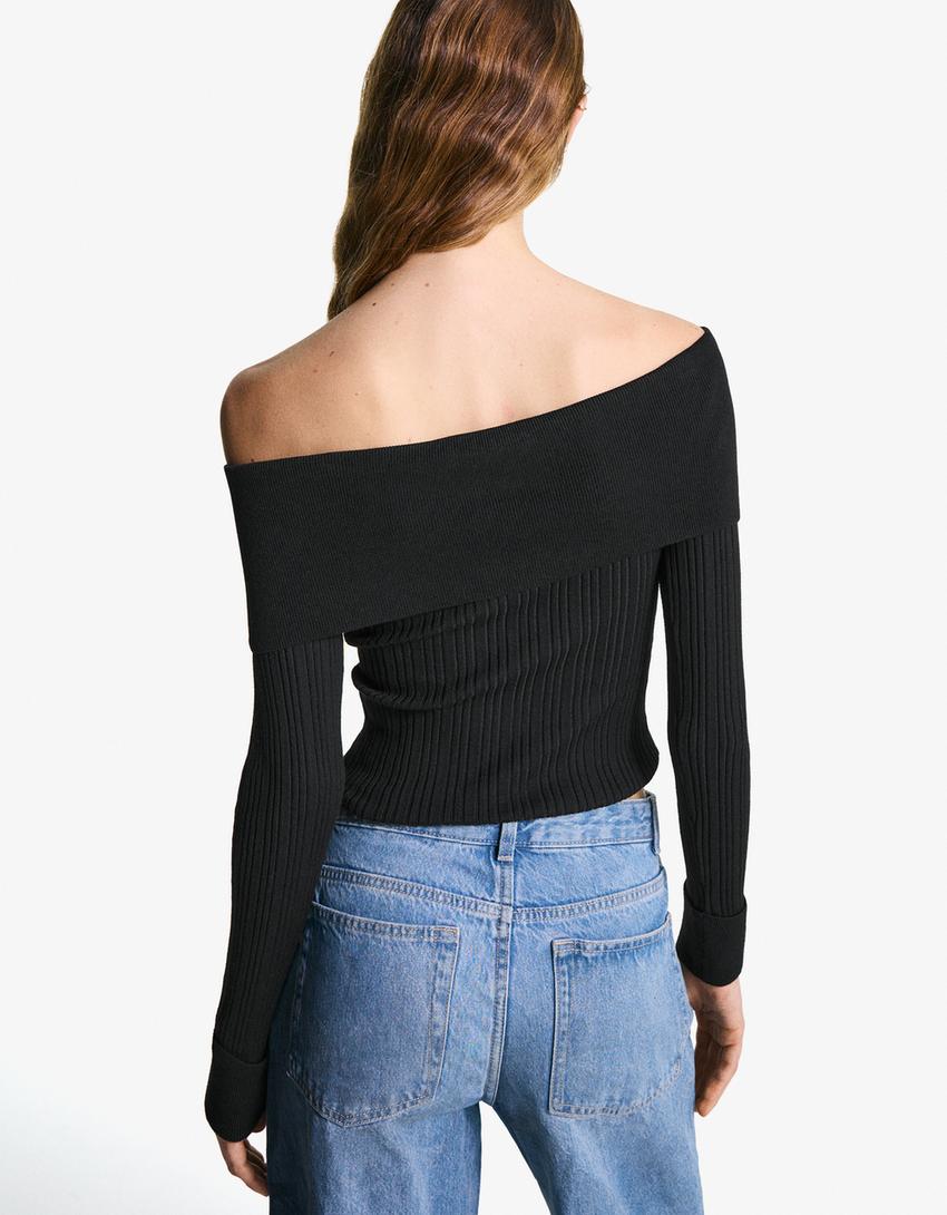 Pull texturé à col Bardot-Noir-1