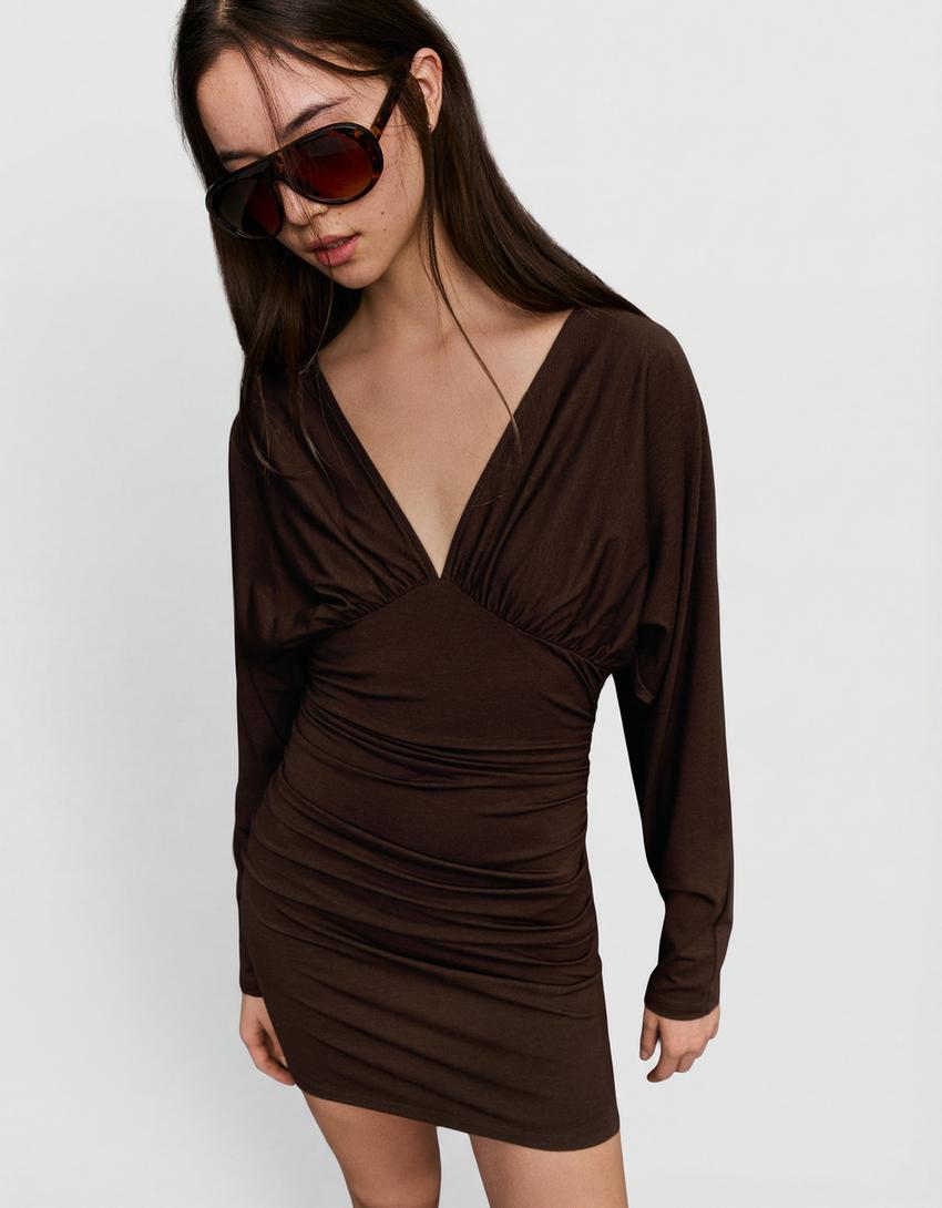 Robe mini fronces-Marron