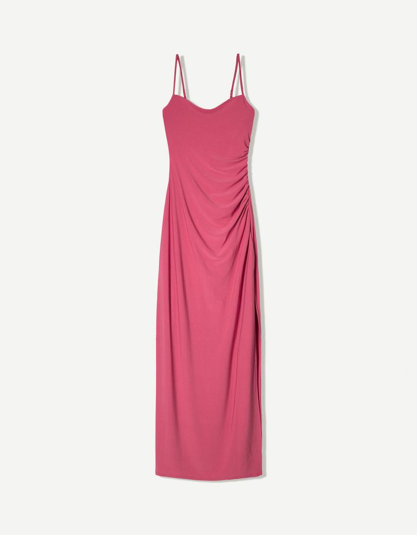 Askılı midi elbise-Pembe-3